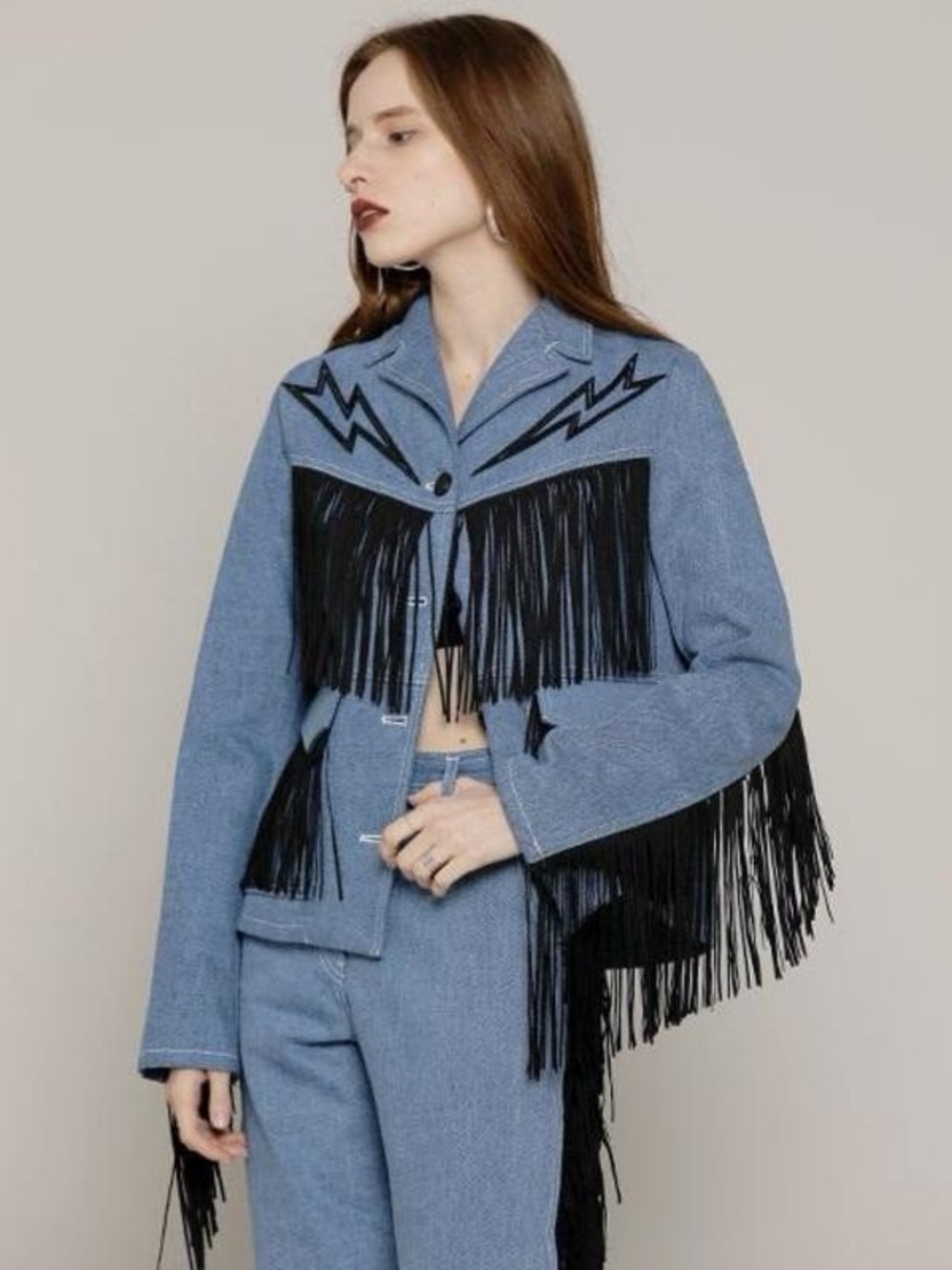Rocket x Lunch R fringe trim denim trucker jacket Sz S Tassel Jacket Storm